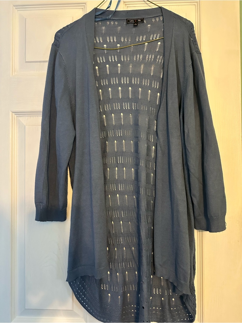 Lefty & Me Open-Front Pointelle Long Cardigan - Dusty Blue